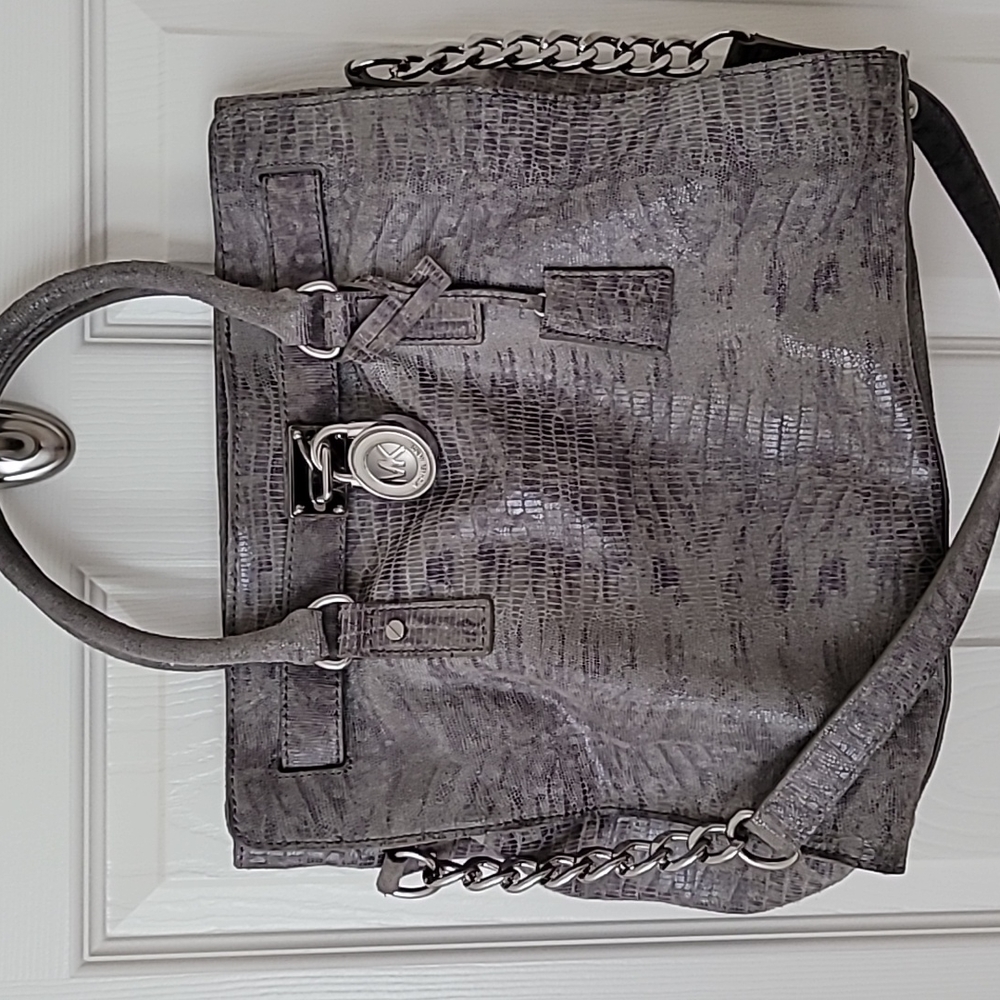 Michael Kors Large Hamilton Grey Snakeskin Purse Satchel Silver Hardware